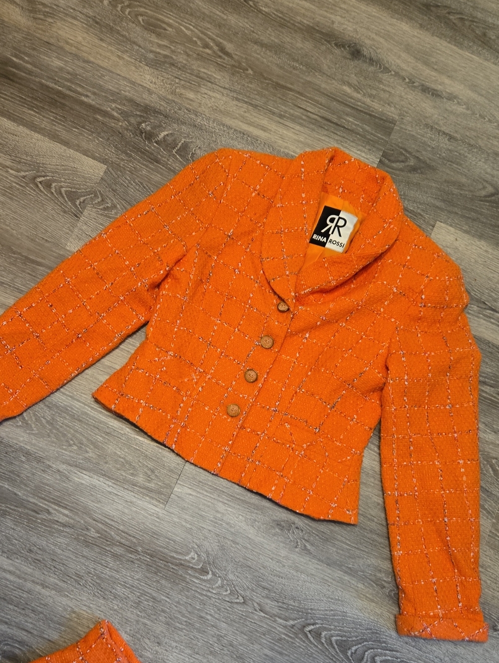 Vintage 90s Rina Rossi Orange Plaid Tweed Skirt Suit Sz 4 - Picture 4 of 7